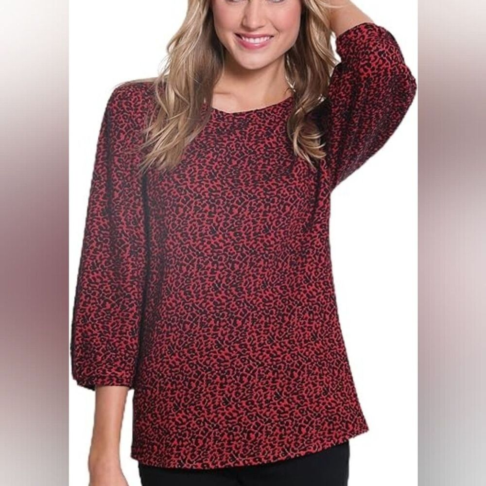 Multiples SweatShirt Womens Size 2X Red Leopard Cheetah Print 3/4 Sleeves Casual